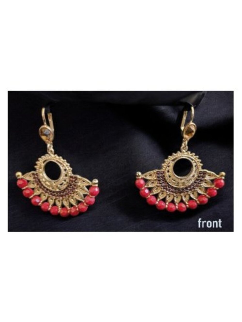 Antiqued Goldtone with Red Beads Spanish Style Fan Earrings